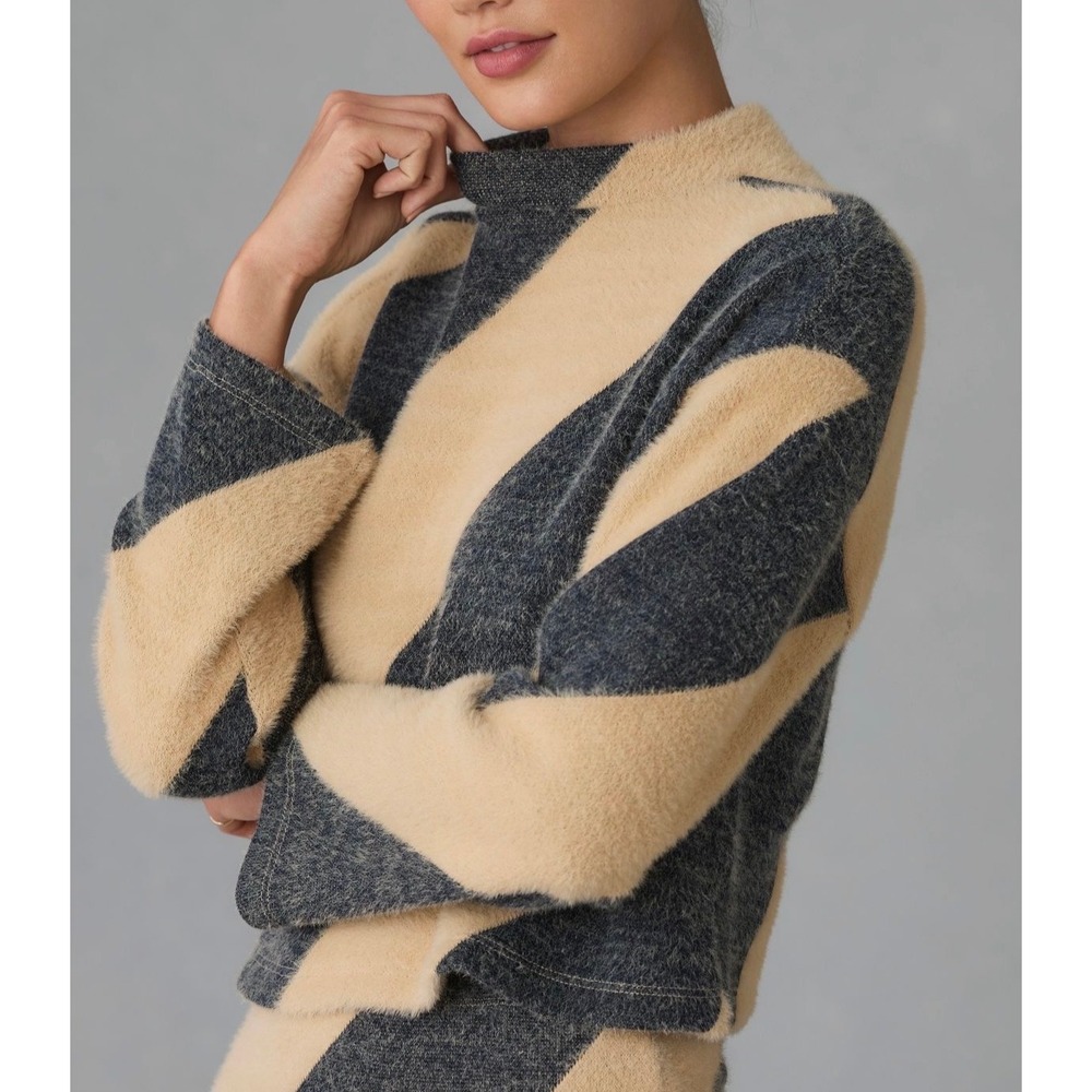 Anthropologie Maeve Sweater Cropped Mock Neck Neutral Pattern Tan Gray  XS